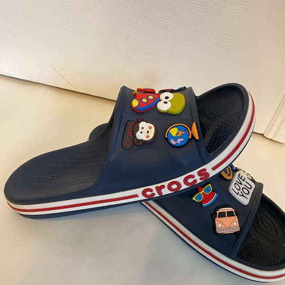 Original Crocs Slide Sandals Blue Red Band Jibbitz included Size 10 women 8 Men - Picture 4 of 7